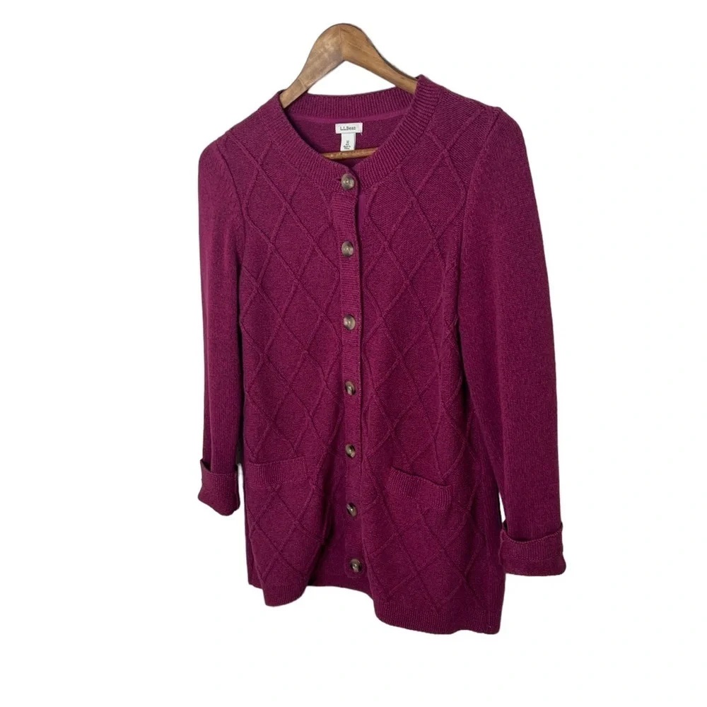 L. L. Bean Women’s Cable Knit Open Front Button Up Cardigan Sweater - Picture 2 of 10